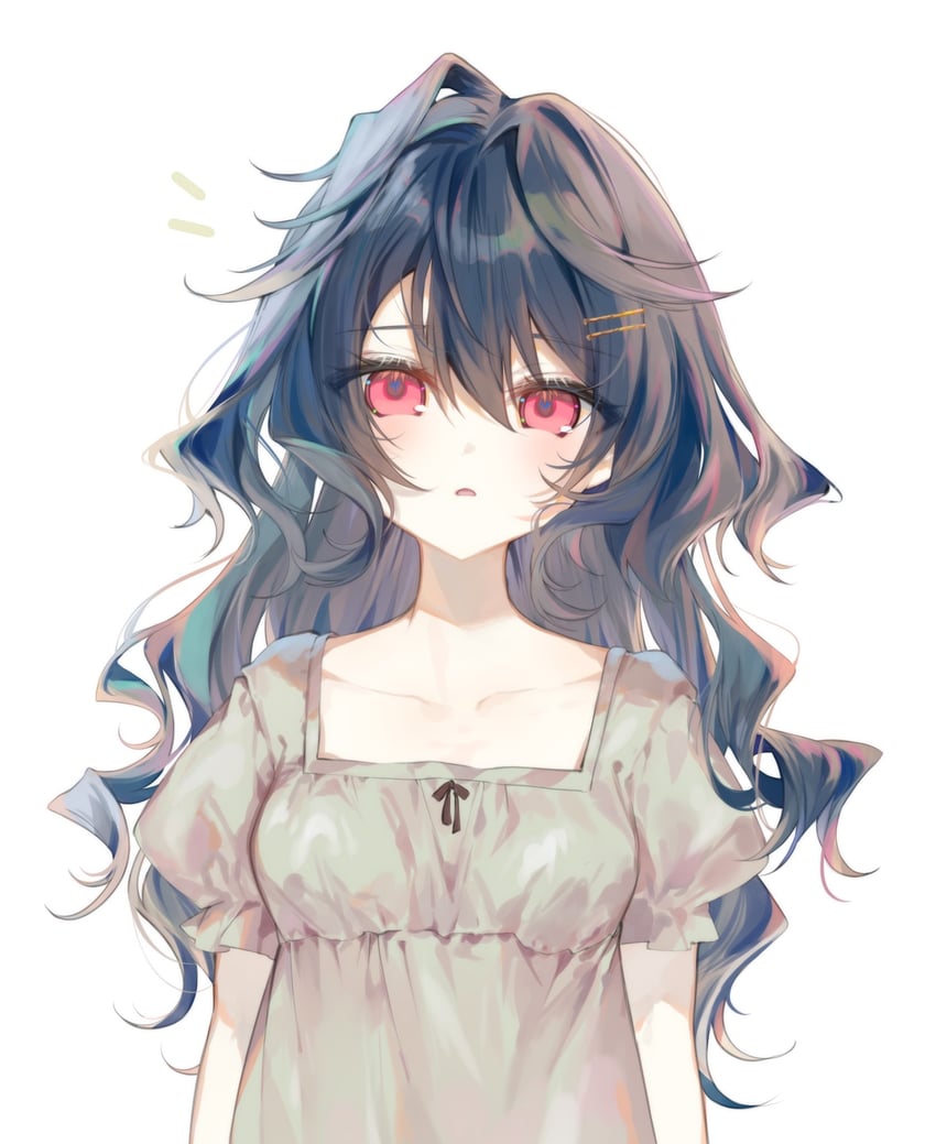 二次元插画 1名女孩 手放在身体两侧 黑发 脸红 乳房