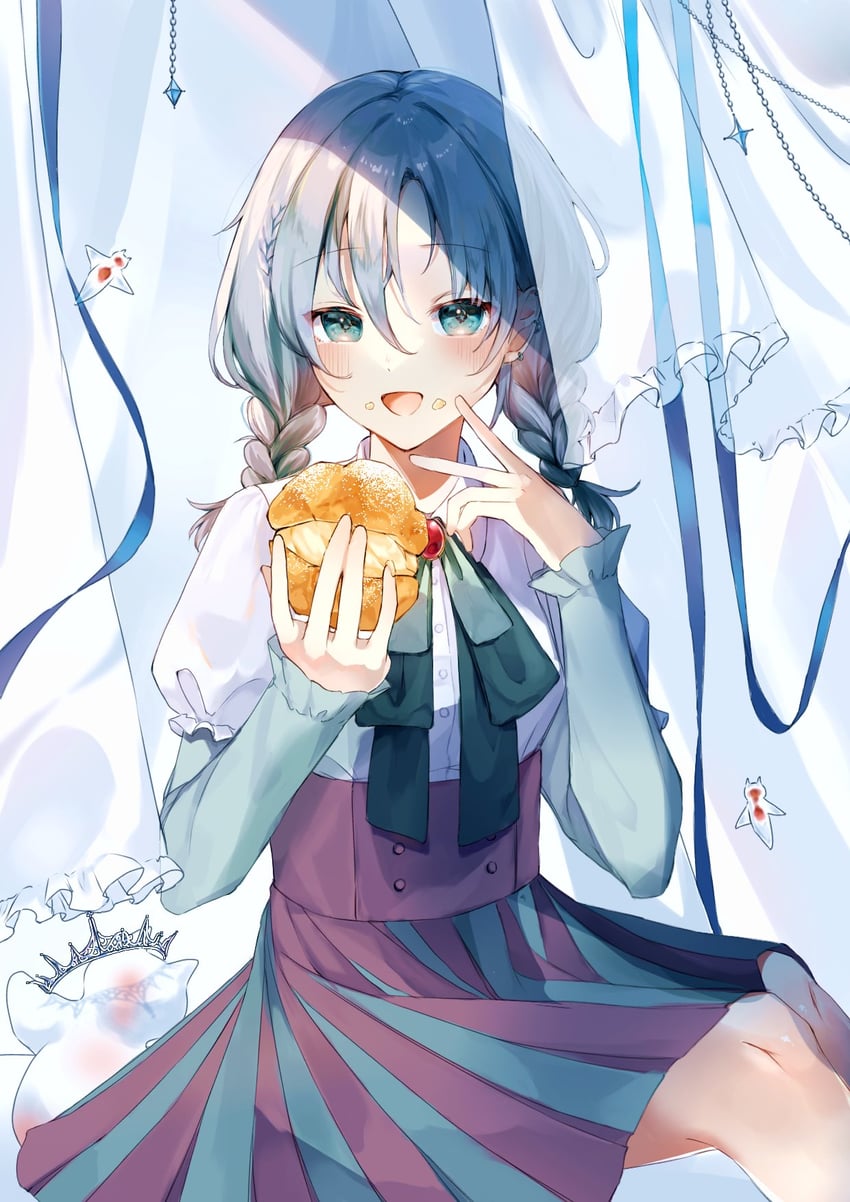 二次元插画 1名女孩 蓝眼 蓝发 蝴蝶结 辫子