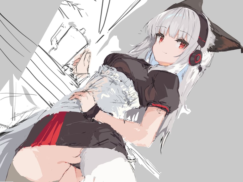 明日方舟、霜叶 (明日方舟) 1名女孩 替换服装 兽耳 屁股 黑色连衣裙