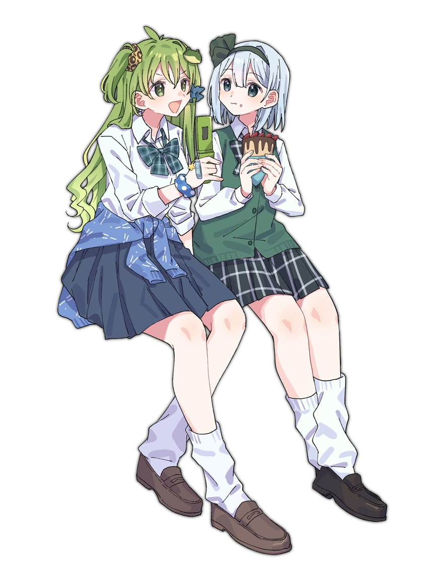 东方Project、东风谷早苗、魂魄妖梦 2名女孩 黑鞋 黑色裙子 蓝裙子 蝴蝶结