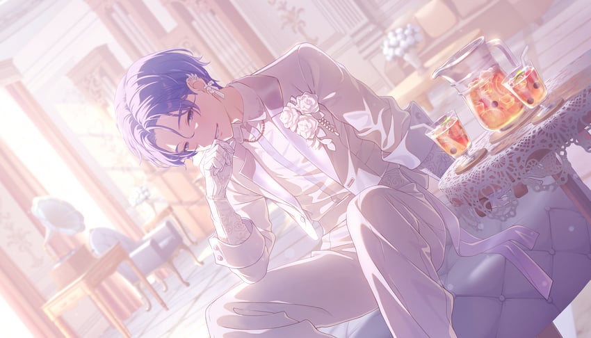 世界计划、VOCALOID、KAITO 1名男孩 喉结 手臂支撑 蓝发 纽扣