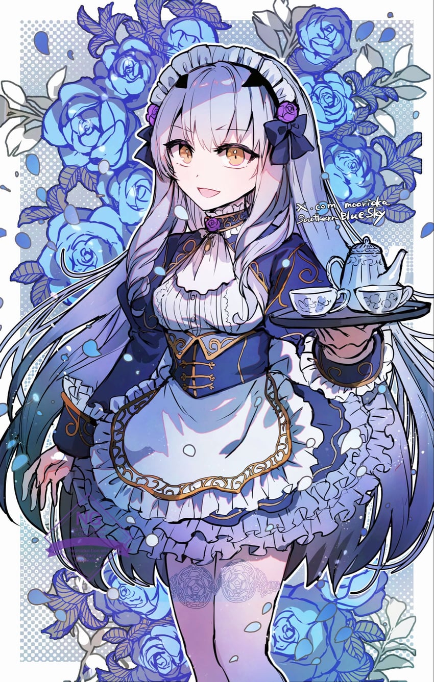 Fate/Grand Order、Fate系列、美露莘 (Fate) 1名女孩 阿斯科特领巾 蓝色连衣裙 蓝花 杯子