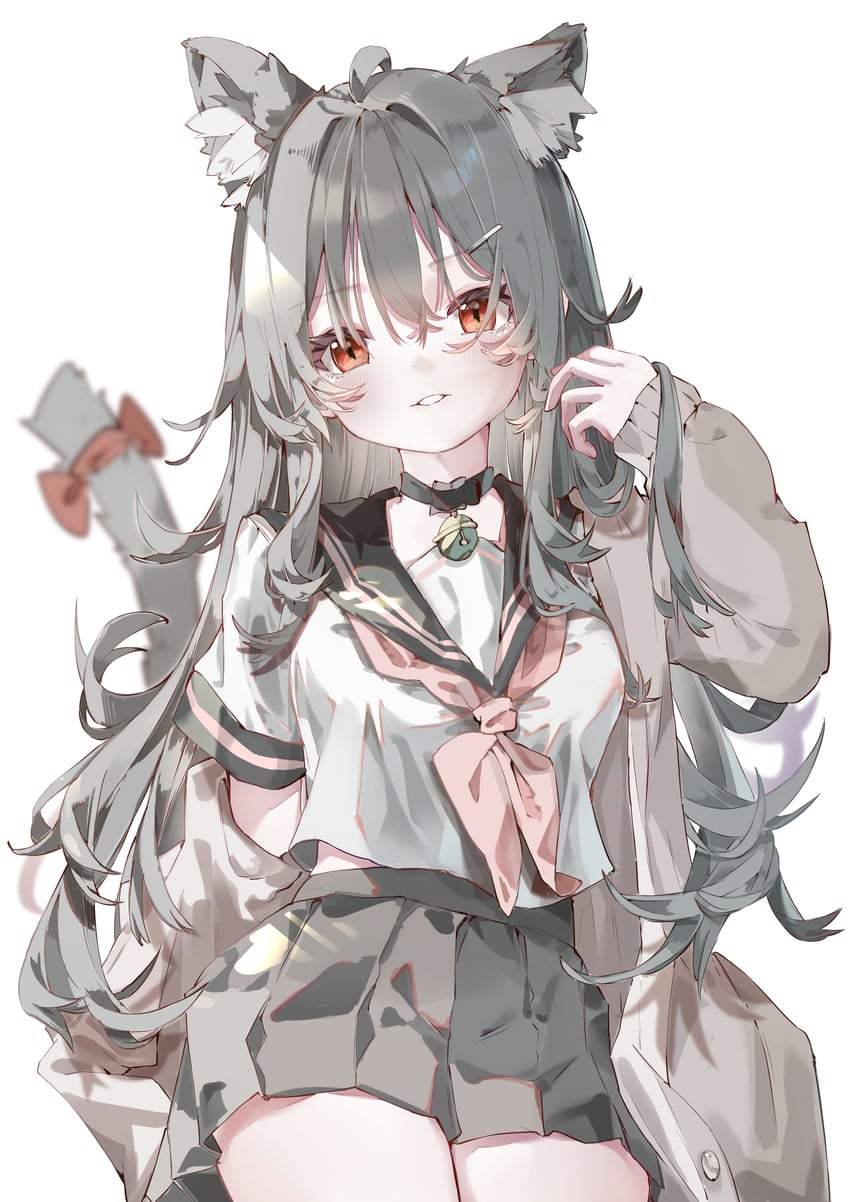 原创 1名女孩 兽耳 铃铛 黑色裙子 猫耳