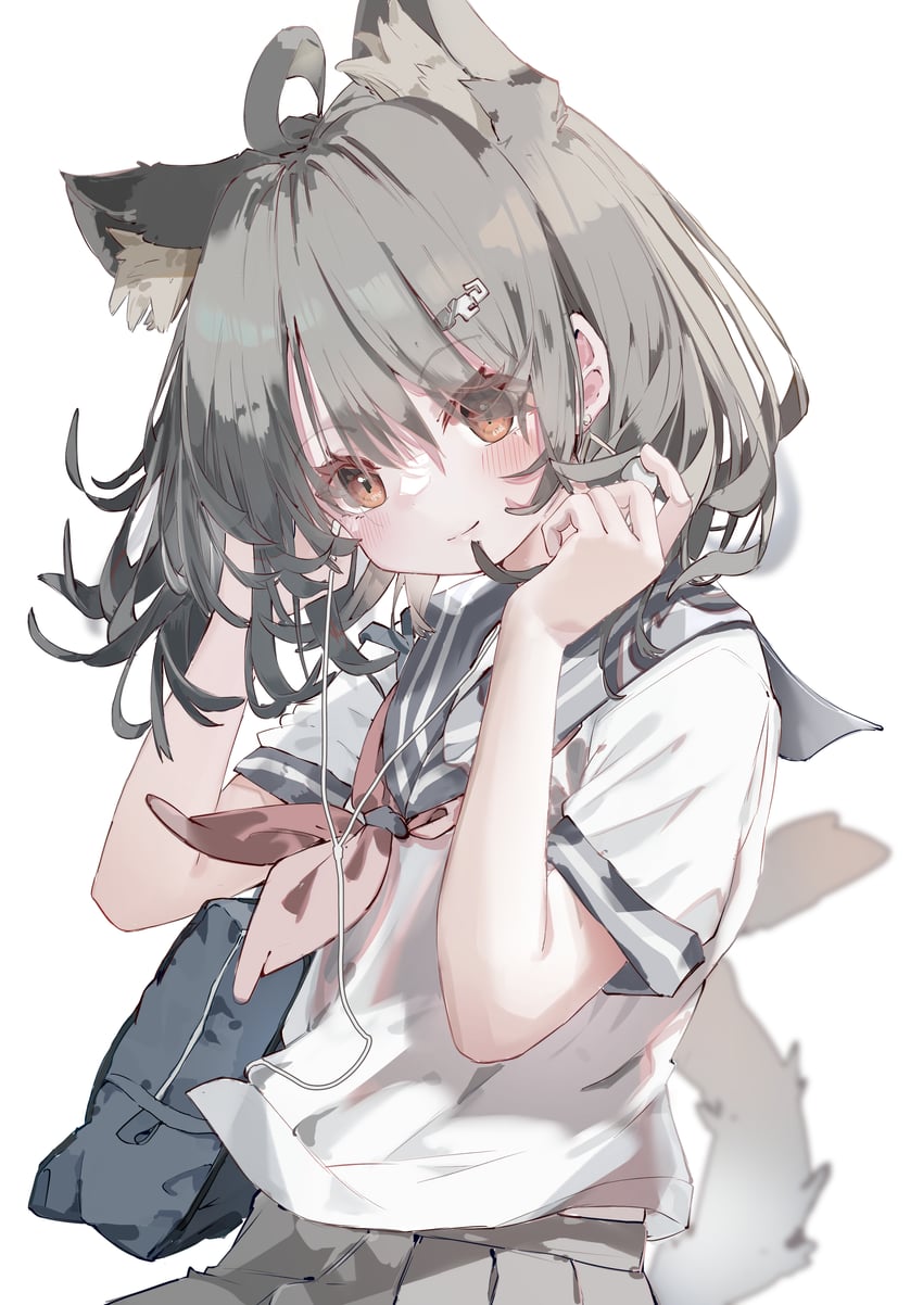 原创 1名女孩 兽耳 包 黑色裙子 脸红
