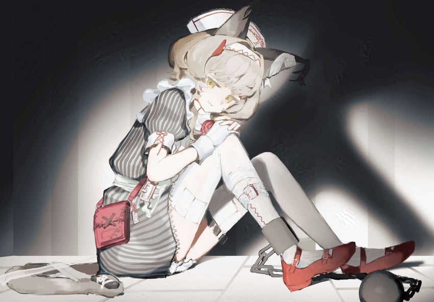 明日方舟、夜烟、夜烟 (养老院怪谈) (明日方舟) 1名女孩 兽耳 围裙 球链式束缚 黑色连衣裙