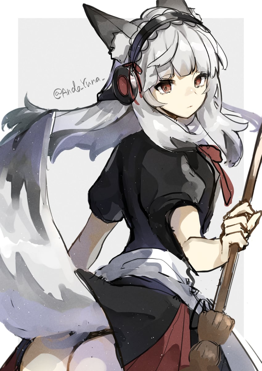 明日方舟、霜叶 (明日方舟) 1名女孩 屁股 后挂式耳机 黑色连衣裙 黑色内裤