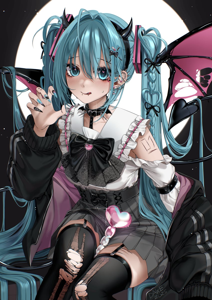 VOCALOID、初音未来 1名女孩 水色瞳 水色发 蝙蝠翅膀 黑色项圈