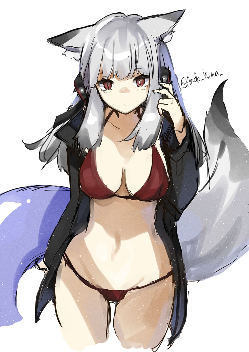 明日方舟、霜叶 (明日方舟) 1名女孩 比基尼 衣内比基尼 黑色夹克 乳房