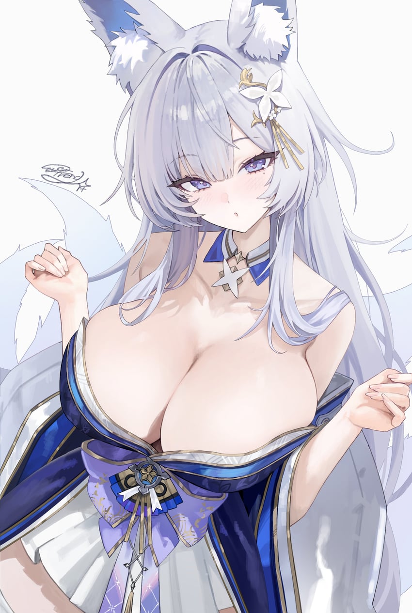 二次元插画 1名女孩 惊讶 兽耳毛 兽耳 露肩
