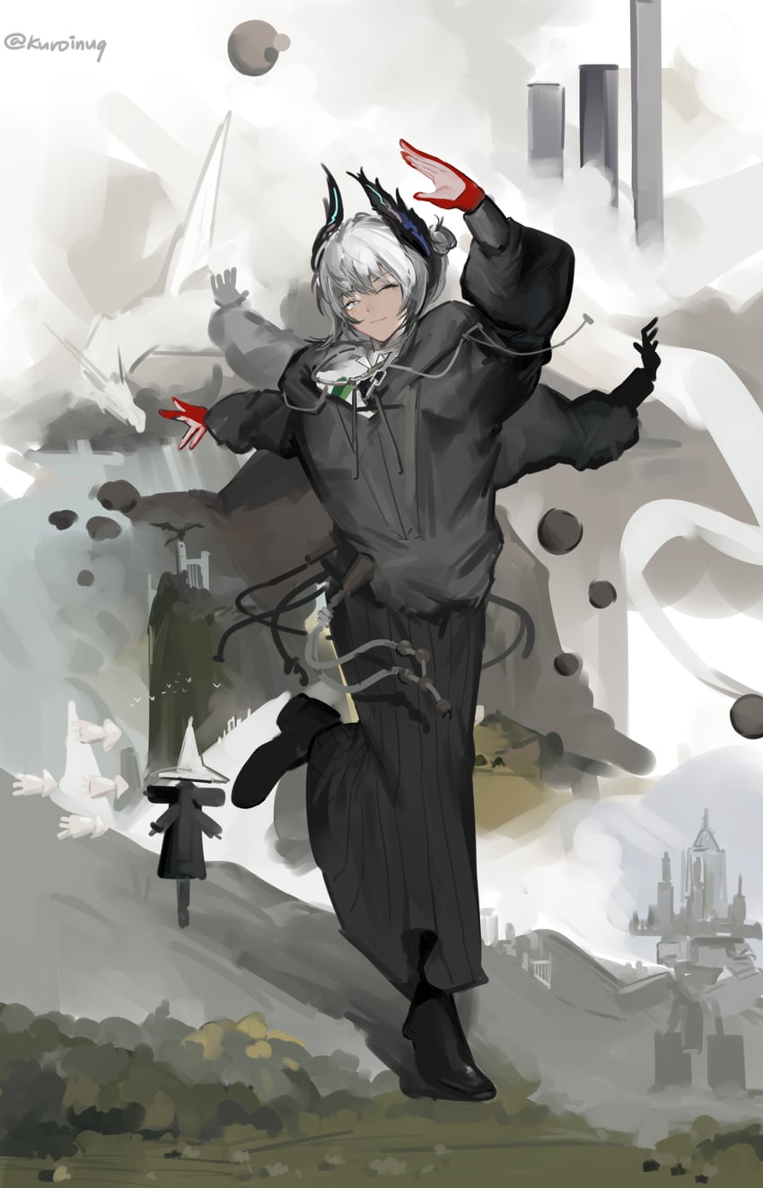 明日方舟、莱蒂亚 (明日方舟)、raidian (lorem ipsum) (arknights) 1名女孩 举起双手 黑色卫衣 黑色夹克 黑鞋