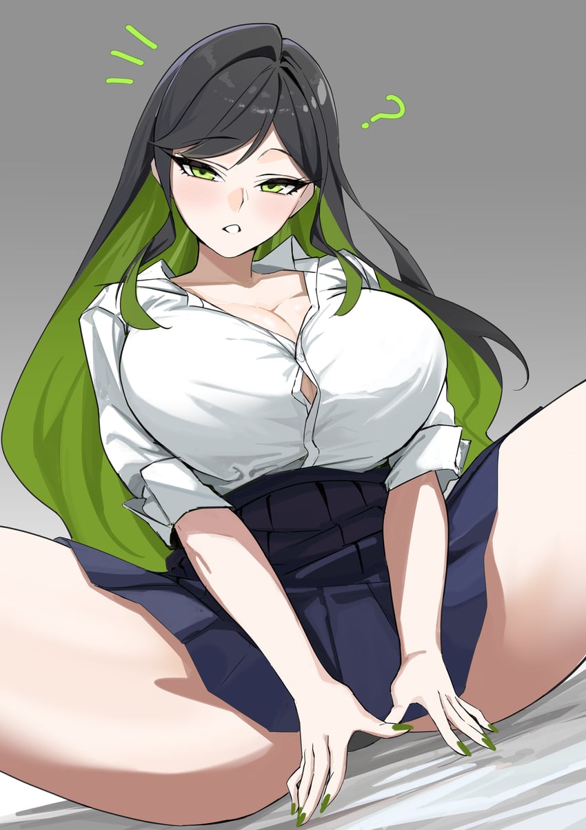 原创 1名女孩 问号 黑发 黑色裙子 乳房