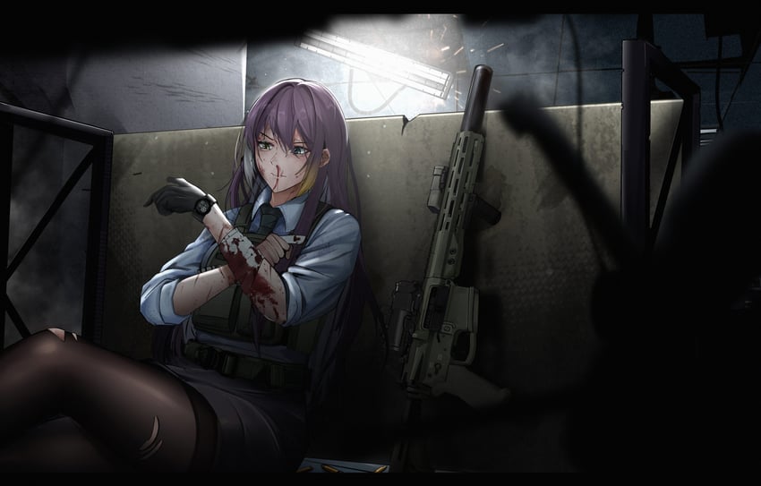 原创 1名女孩 突击步枪 包扎的手臂 绷带 黑色手套