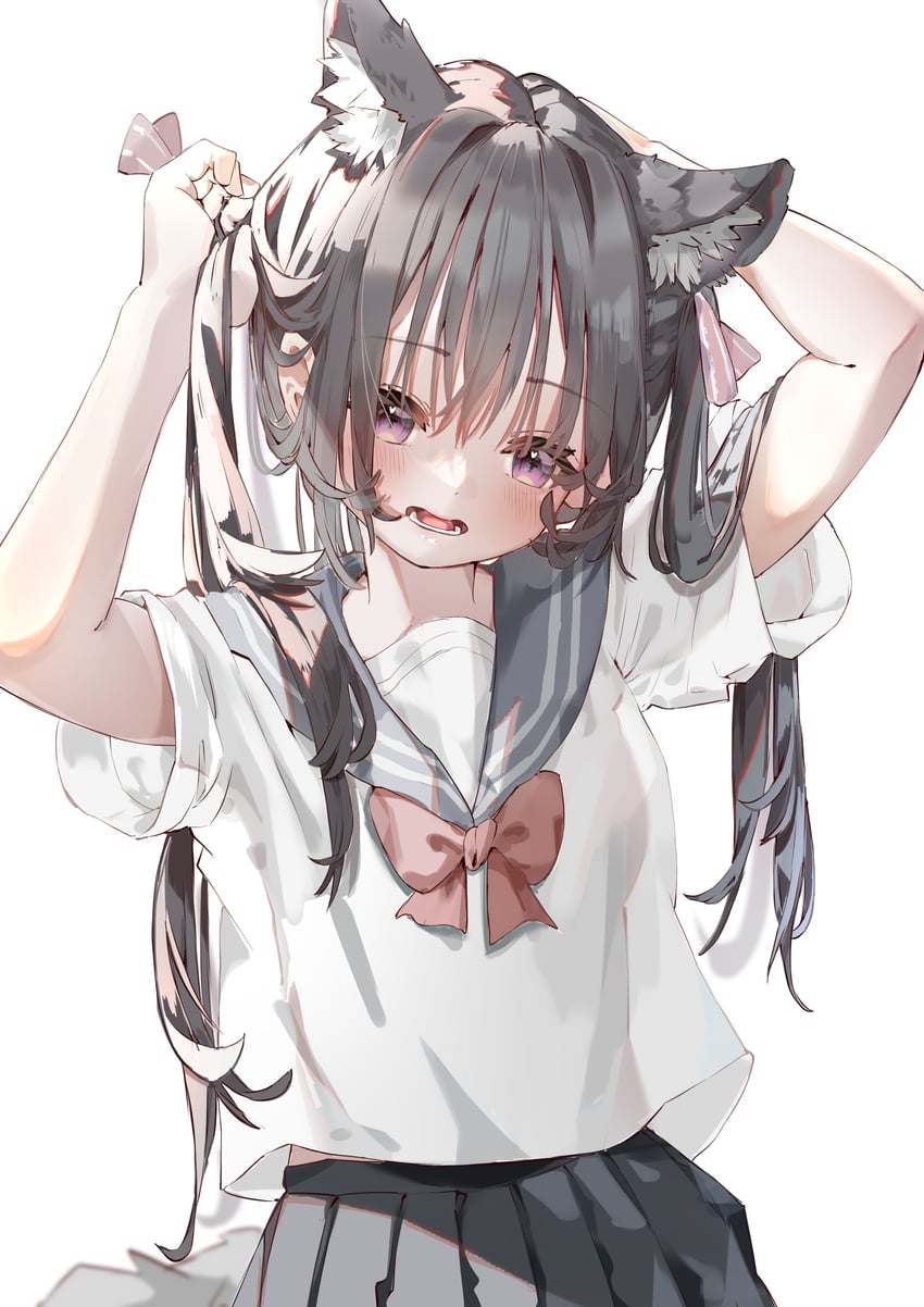 原创 1名女孩 兽耳 举起双手 黑发 黑色裙子