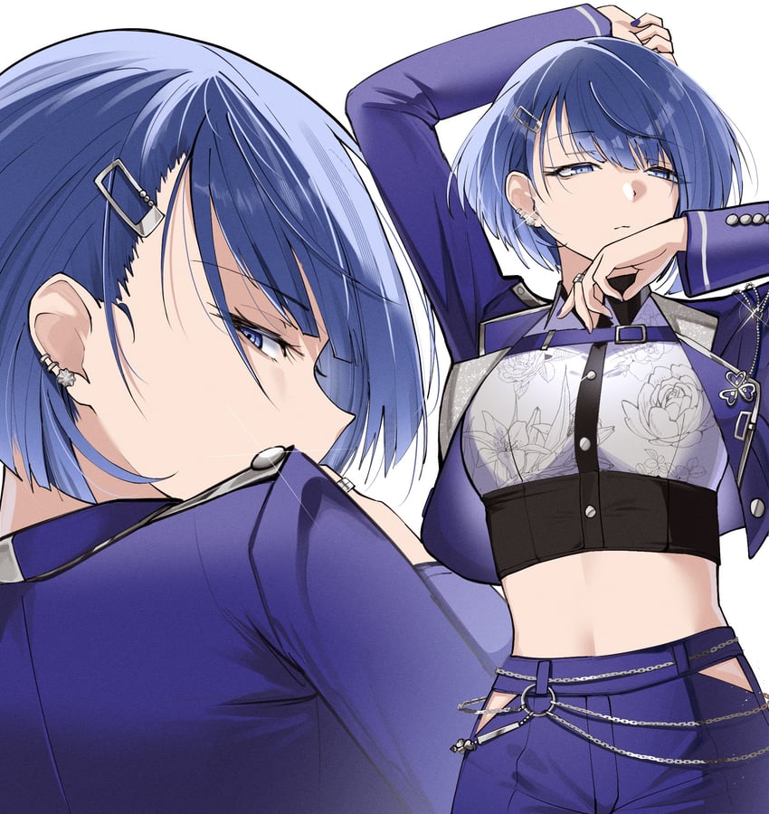 世界计划、supernova (yunosuke) (vocaloid)、桐谷遥 1名女孩 举手 蓝眼 蓝发 蓝色夹克