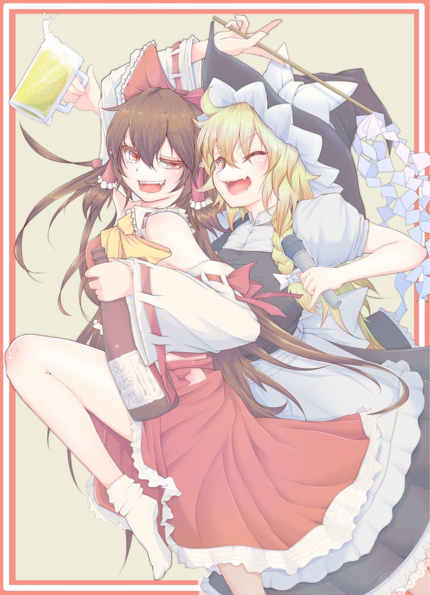 东方Project、博丽灵梦、雾雨魔理沙 2名女孩 酒 围裙 阿斯科特领巾 啤酒