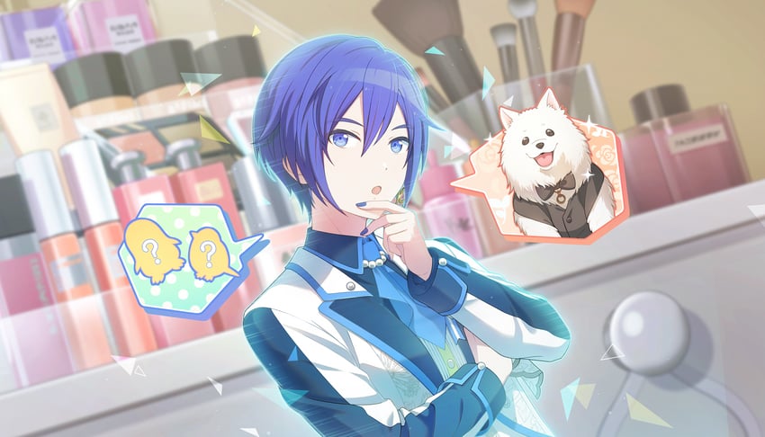 世界计划、VOCALOID、KAITO 1名男孩 惊讶 问号 动物 阿斯科特领巾