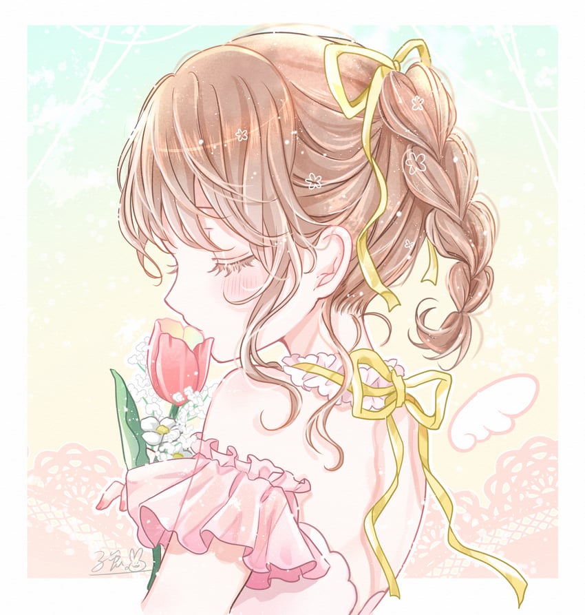 原创 1名女孩 露肩 脸红 边框 辫子