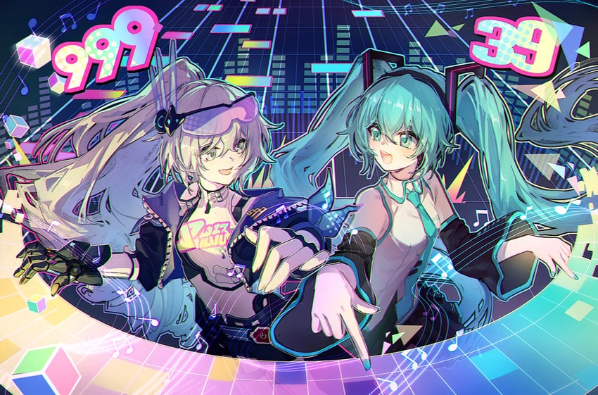 崩坏：星穹铁道、崩坏系列、VOCALOID 2名女孩 黑色袖子 露脐短衫 钻头发 头顶眼镜