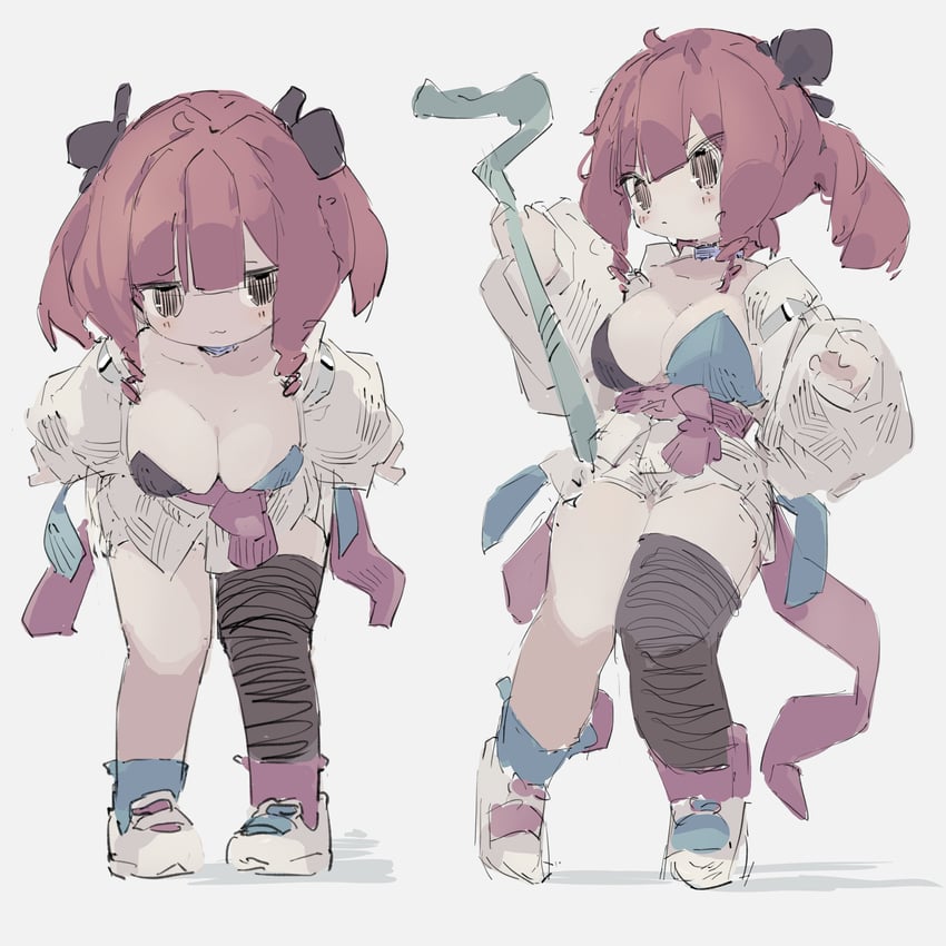 原创 1名女孩 不对称腿部穿着 黑色蝴蝶结 黑色过膝袜 齐刘海