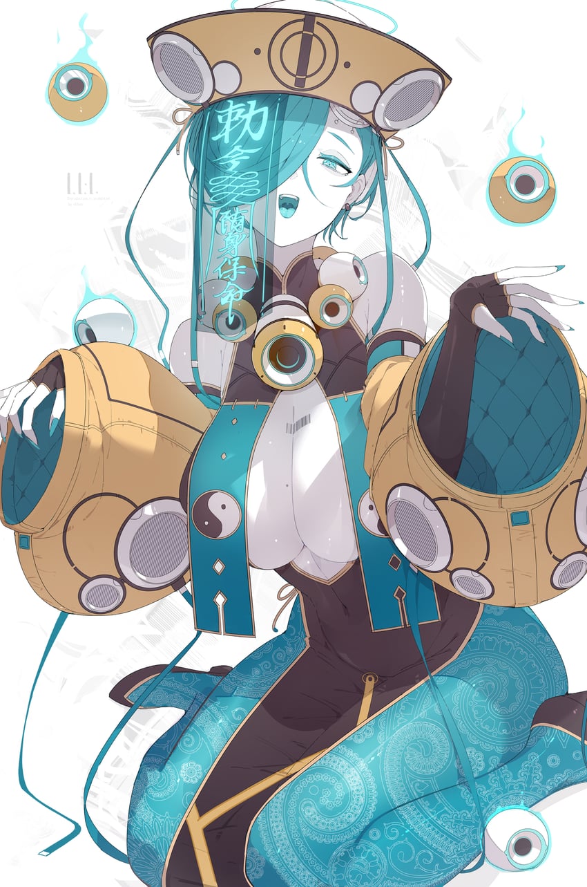 原创 1名女孩 水蓝色指甲 条形码 条形码纹身 黑色手套