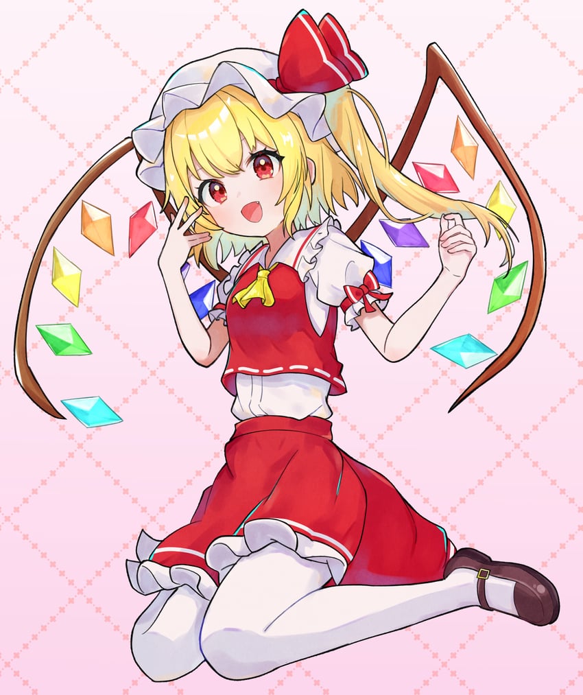 东方Project、芙兰朵露·斯卡蕾特 1名女孩 阿斯科特领巾 金发 蝴蝶结 棕色鞋子