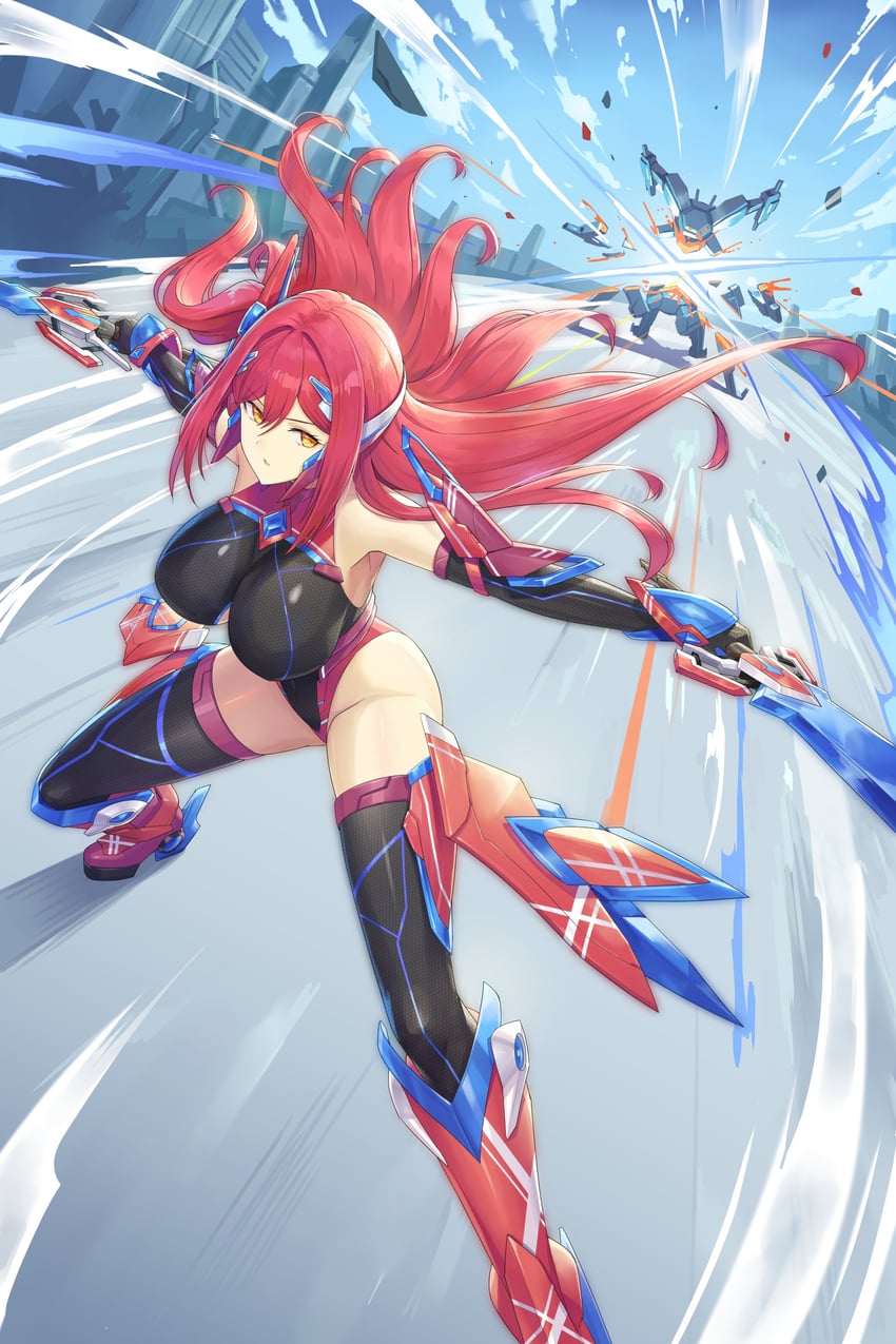 原创、ruby (specktech) 1名女孩 黑色紧身连体衣 黑色过膝袜 蓝天 靴子
