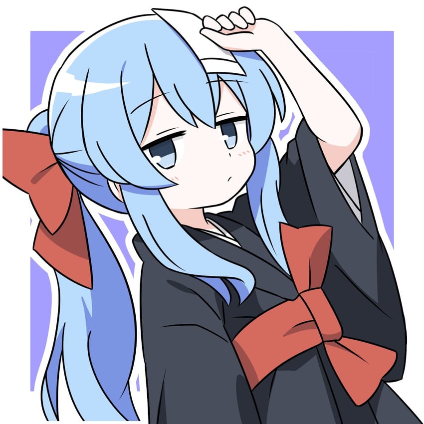 原创、野暗 (赤渔群) 1名女孩 举手 黑色和服 蓝色背景 蓝眼