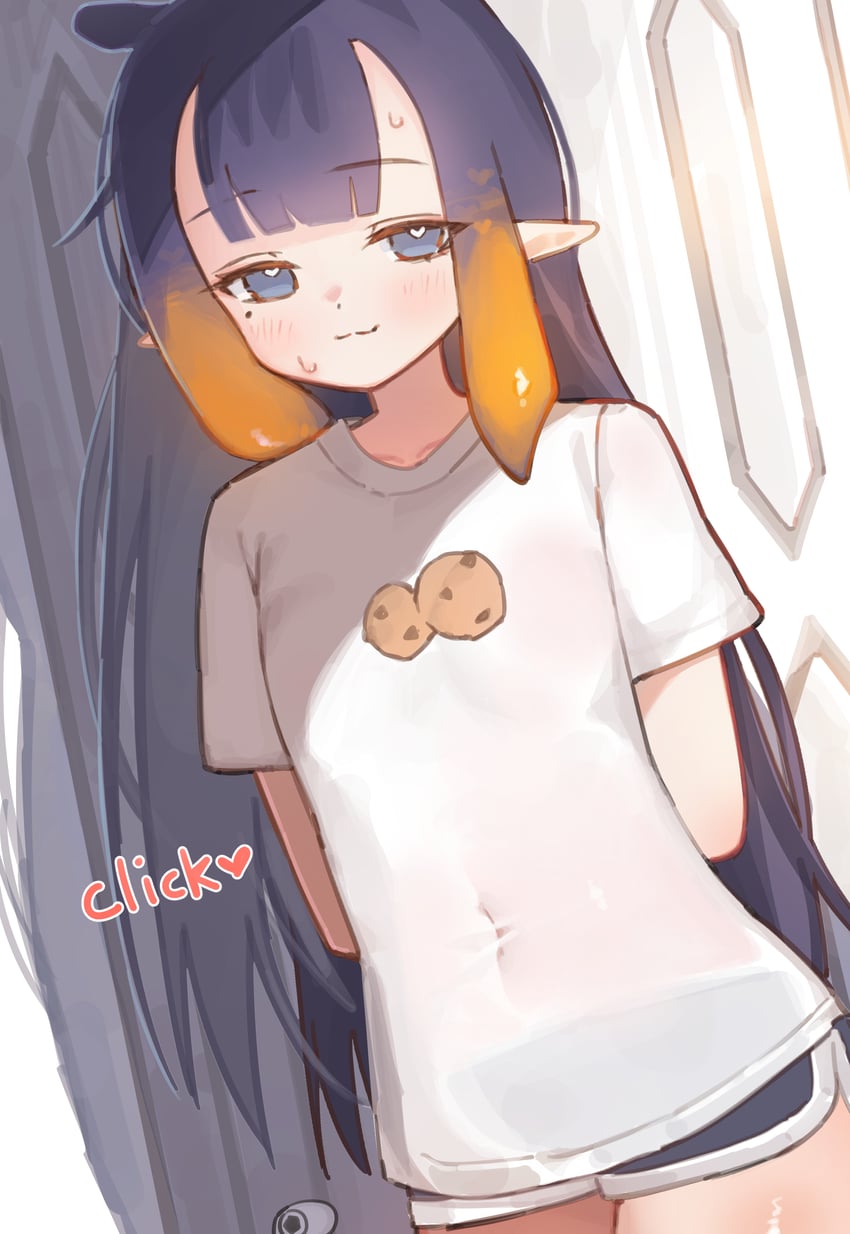 Hololive、Hololive英语、一伊那尔栖 1名女孩 猫脸笑 替换服装 双手背在身后 黑色短裤