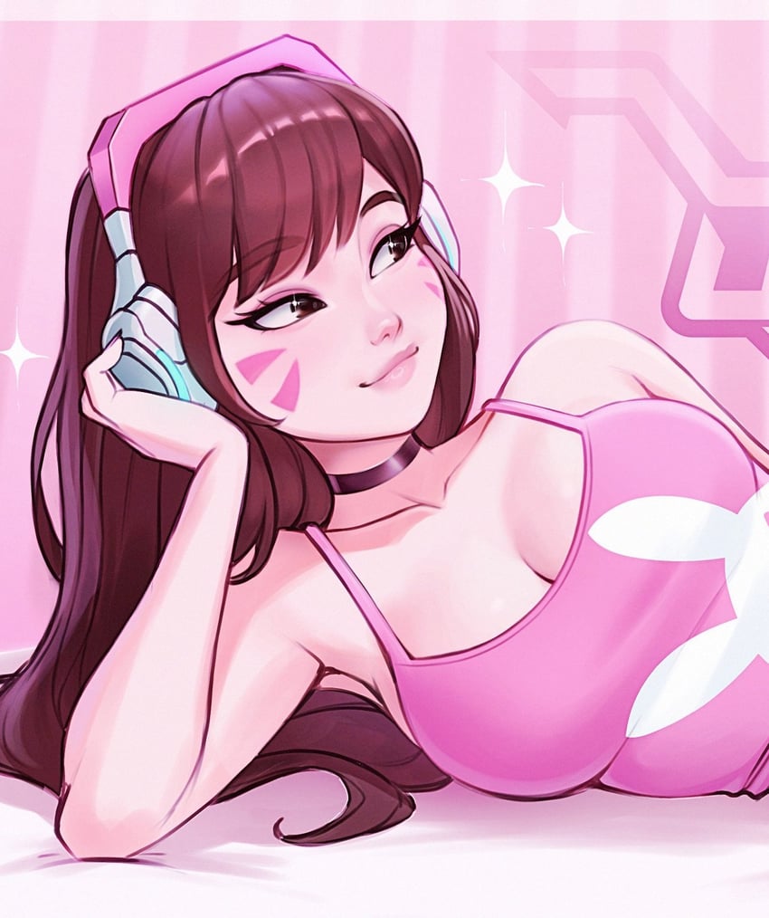 守望先锋、D.Va (守望先锋) 1名女孩 裸臂 黑色项圈 乳房 棕眼睛