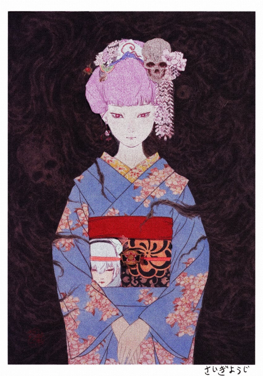 东方Project、魂魄妖梦、西行寺幽幽子 1名女孩 蓝色和服 面向观众 花卉印花 碎花和服