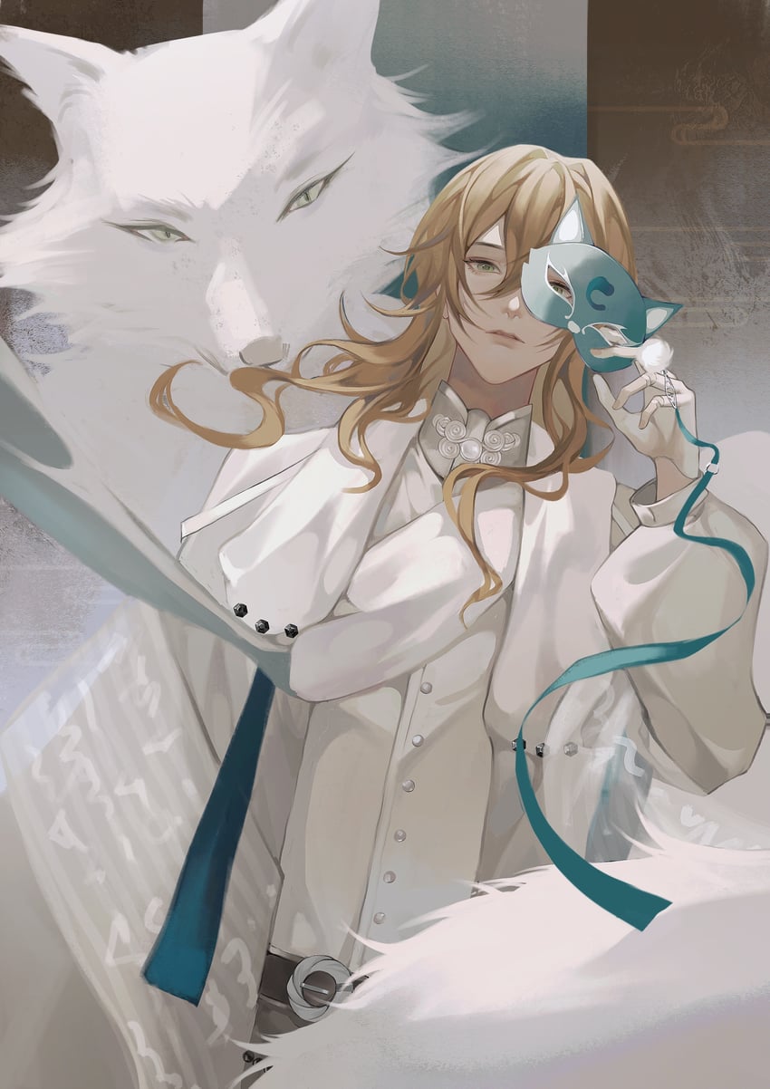时空中的绘旅人、瑶光·麦格拉斯、alkaid mcgrath (masquerade) 1名男孩 水色背景 水色缎带 腰带 黑色皮带