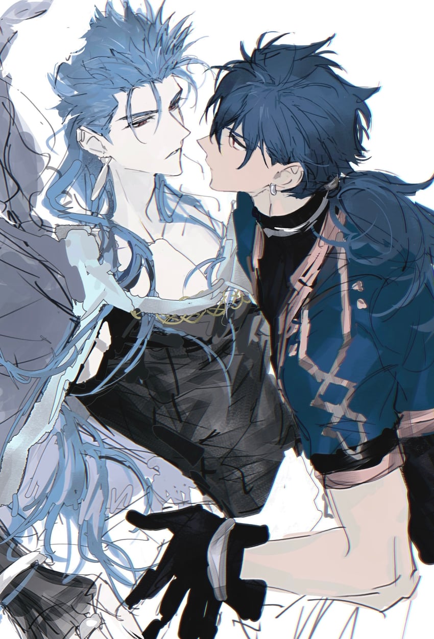 Fate/Grand Order、Fate系列、库·丘林 (Caster) (Fate) 2个男孩 蓝发 斗篷 耳环 毛边斗篷