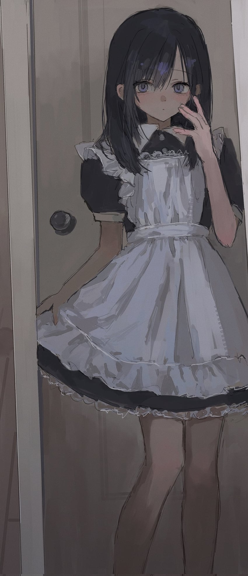原创 1名女孩 围裙 作者自画 黑色连衣裙 黑发