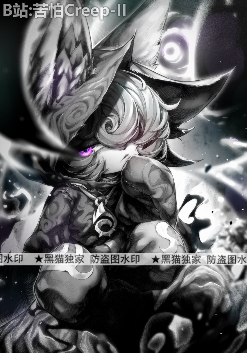 英雄联盟 1名女孩 闭嘴 灰度 单色 紫眼