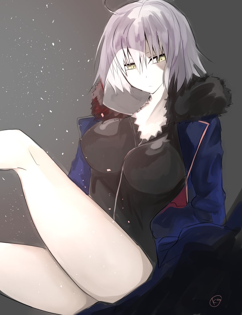 Fate/Grand Order、Fate系列、黑贞德 呆毛 黑色连衣裙 蓝色大衣 乳房 外套