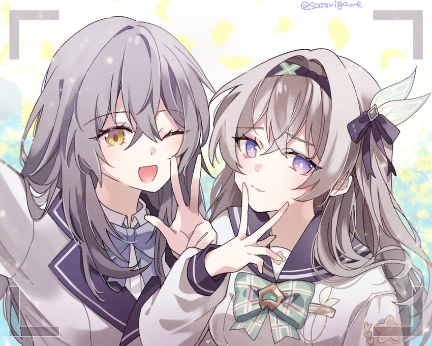 崩坏：星穹铁道、崩坏系列、流萤 (崩坏：星穹铁道) 2名女孩 水蓝色蝴蝶结 水蓝色蝴蝶结 黑发 西装外套