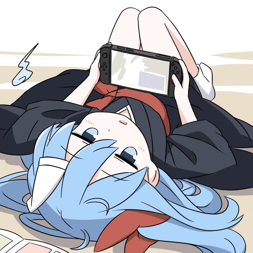 原创、野暗 (赤渔群) 1名女孩 黑色和服 蓝眼 蓝发 蝴蝶结
