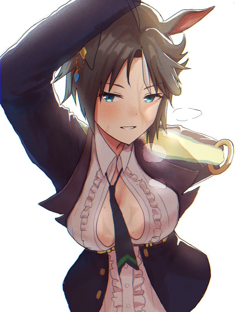 赛马娘、富士奇迹 (流星歌舞秀) (赛马娘)、富士奇迹 (赛马娘) 1名女孩 兽耳 黑发 黑色夹克 黑色领带