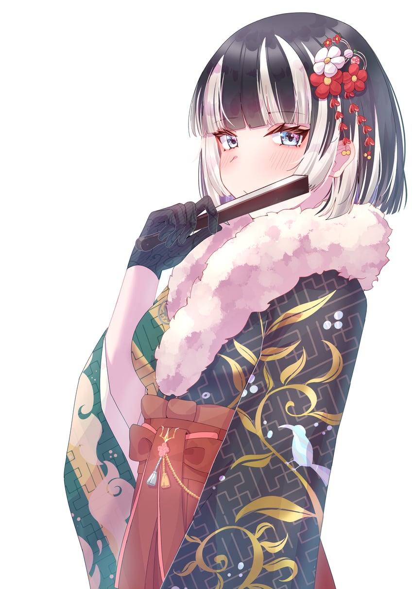 Hololive、hololive DEV_IS、儒乌风亭螺钿 1名女孩 黑发 黑色和服 蓝眼 脸红