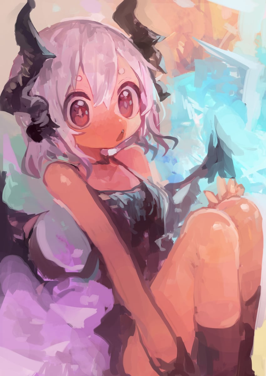 二次元插画 1名女孩 露肩 黑色连衣裙 黑角 黑色翅膀