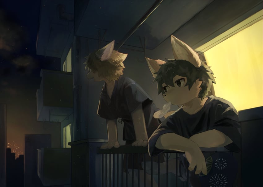 原创 2个男孩 靠在栏杆上 兽耳 动物鼻子 公寓
