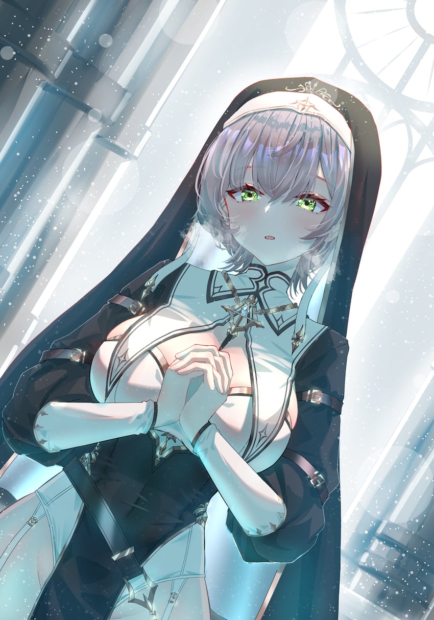 Hololive、白银诺艾尔 1名女孩 黑色袖子 黑面纱 脸红 乳房
