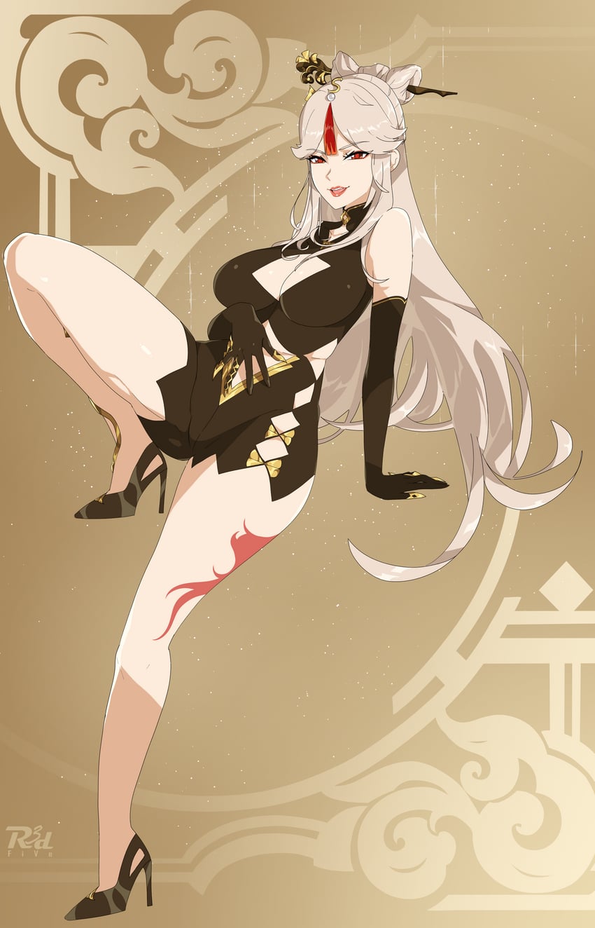原神、凝光(原神) 乳沟上方镂空 替换服装 手臂支撑 作者标志 作者名