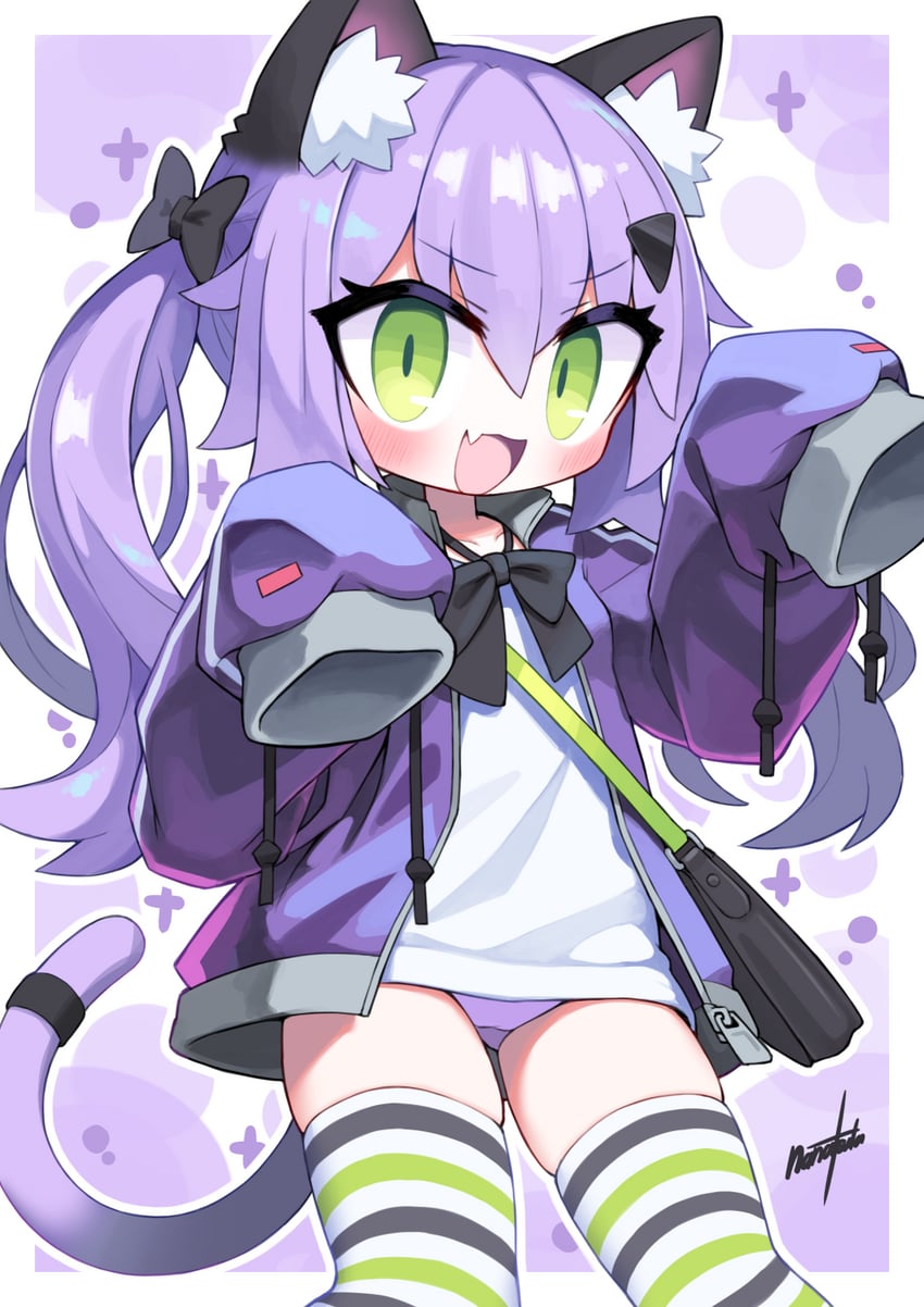 二次元插画 1名女孩 兽耳 脸红 蝴蝶结 猫耳