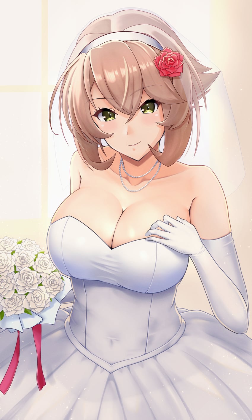 舰队Collection、陆奥 (舰队收藏) 替换服装 乳房 棕发 乳沟 遮盖肚脐