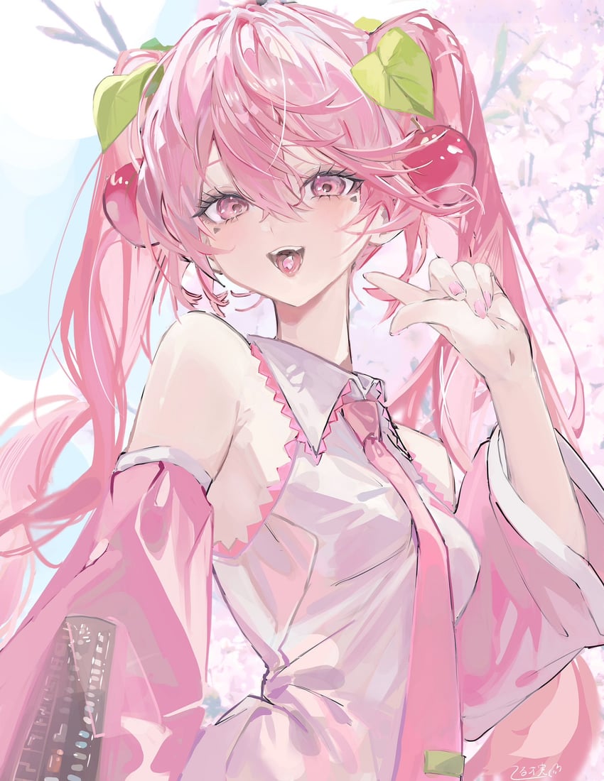 VOCALOID、初音未来、樱花未来 1名女孩 露肩 乳房 樱花 樱桃发饰