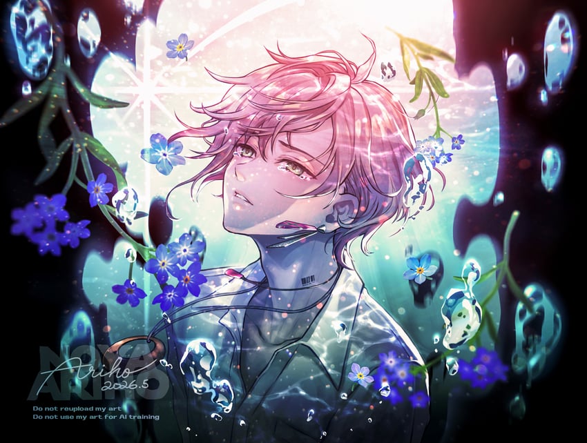 HOLOSTARS、律可 (Holostars) 1名男孩 条形码 条形码纹身 蓝花 有领衬衫