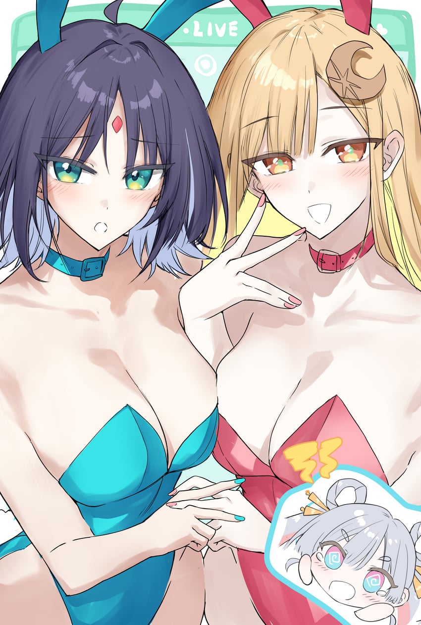 超辉夜姬!、辉夜 (超辉夜姬!)、留奈美八千代 3人女子 @_@ 呆毛 兽耳 水蓝色项圈