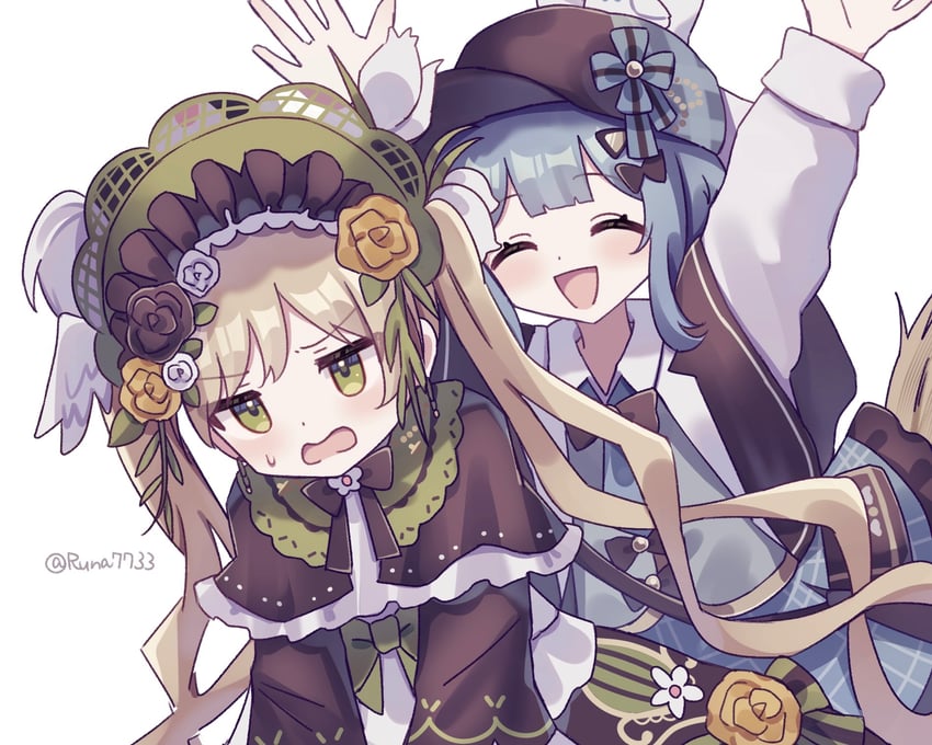 魔法少女的小镇审判、立花雪莉、外能范奈 2名女孩 包 帽子上的鸟饰 黑包 黑色小披肩