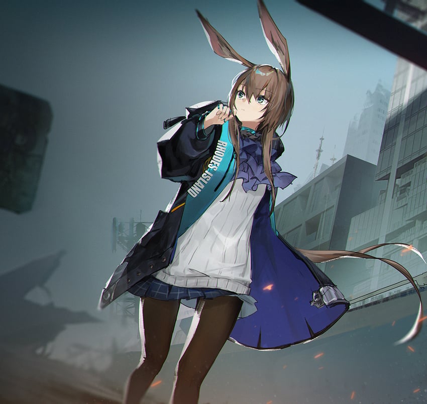 明日方舟、阿米娅 (明日方舟) 1名女孩 兽耳 阿斯科特领巾 黑色夹克 黑色连裤袜